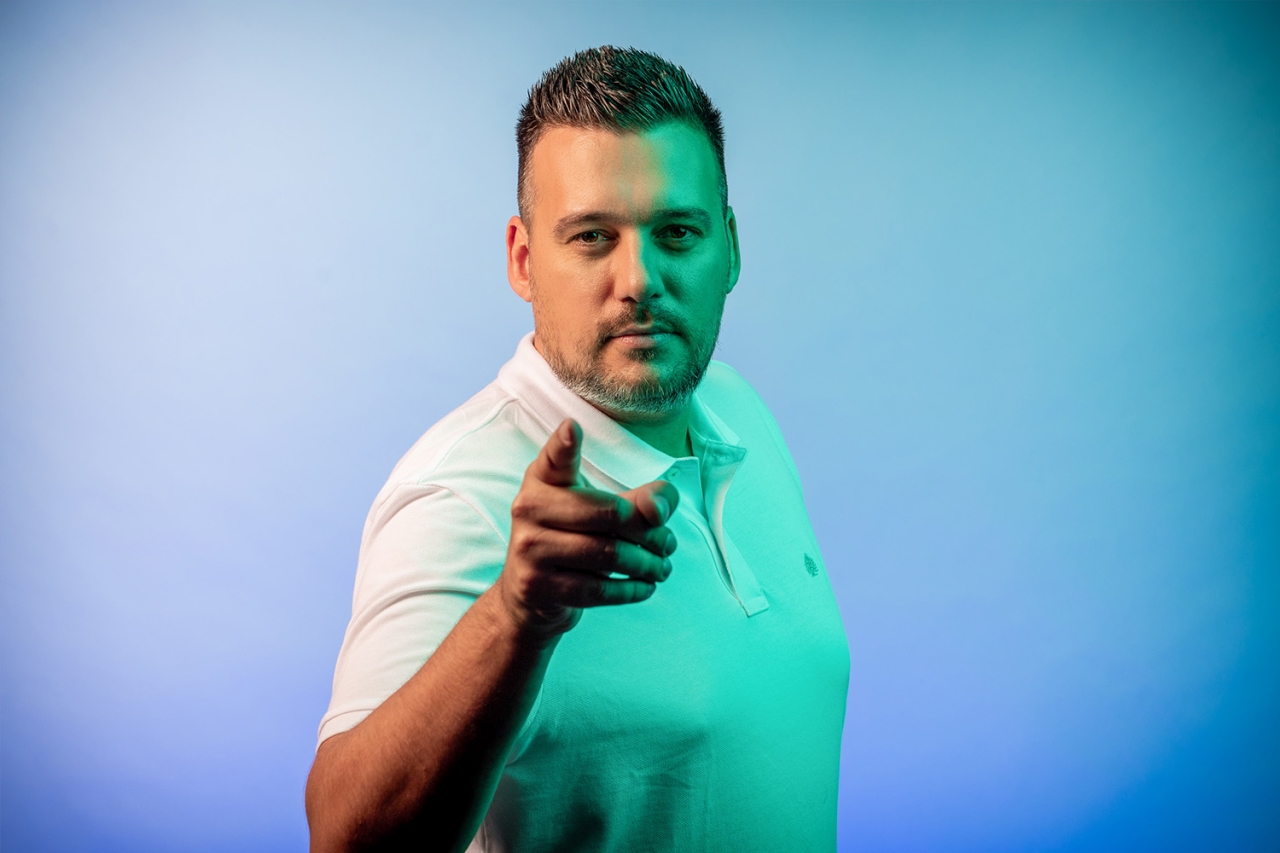 Man points to the front