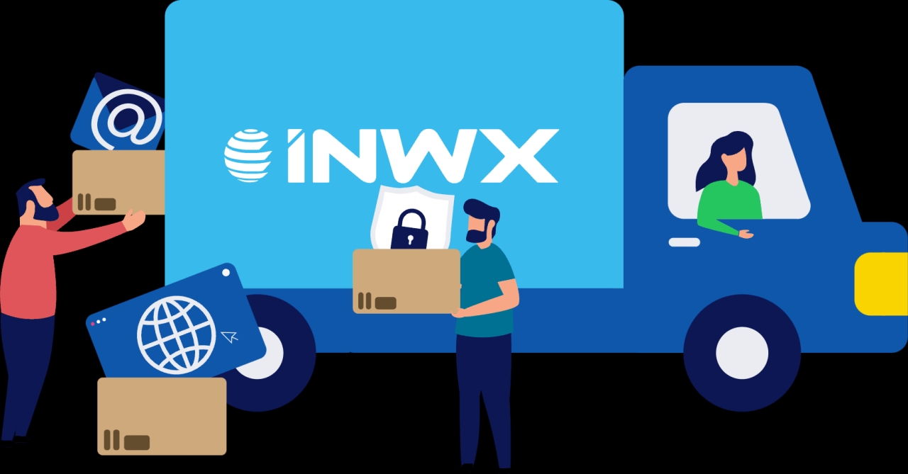 Illustration of a moving truck with the INWX logo, symbolizing a domain transfer or domain move. Two people are loading boxes marked with icons like an email, a globe, and a lock. A woman is sitting in the driver's seat of the truck.