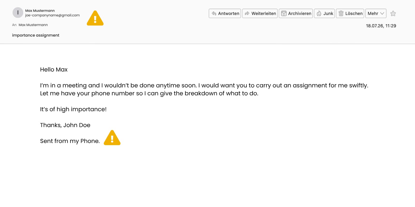 Example of a phishing email from CEO, with warning signs such as sender and wording marked